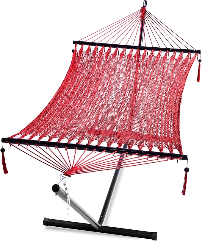 PNAEUT Soft-Spun Polyester Rope Double Hammocks with Stand for Outside, 2 Person Heavy Duty Steel Stand, Max 475 lbs Capacity (Ruby, with Stand)