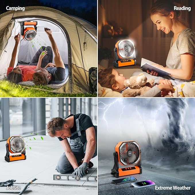 20000mAh Camping Fan, Rechargeable Battery Operated with 360° Rotatable Hook, 400 Lumes Light, 270° Pivot, 4 Speeds, 58Hrs Battery Powered Fan for Outdoor Tent Car Trip BBQ Hurricane Power Outages