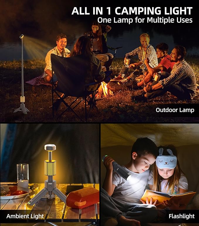 Telescopic Camping Light, Portable Collapsible Magnetic Camp Lantern Rechargeable,10500mAh Telescoping IP67 Waterproof Flashlights, Outdoor Gear for Emergency, Camping, Hiking (Gray)