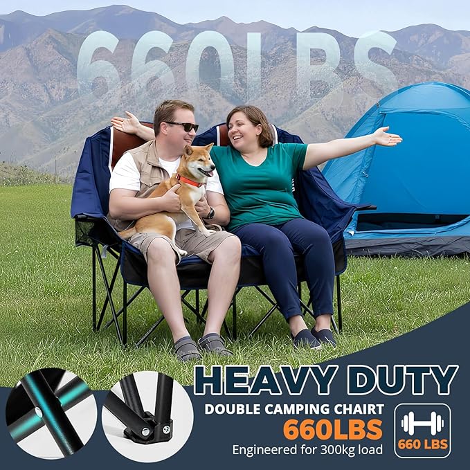Double Camping Chair for Adults Oversized 2 Person Loveseat Chair for Heavy People, Folding Padded Outdoor Seat with Cup Holders & Carry Bag, 660 lbs Capacity, for Camping, Sports, Backyard