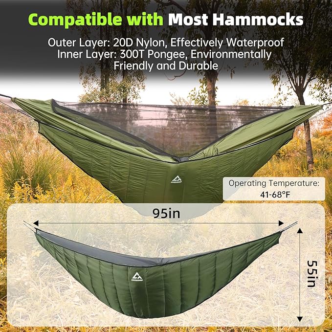 Hammock Underquilt for Camping Hammock, Full Length Camping Quilt for Lightweight Soft Warm 3-4 Seasons 41-68°F, Great for Hiking Backpacking Traveling Beach (Hold Up to 500lbs)