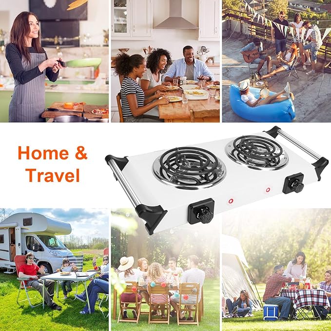 Hot Plate, 2000W Portable Electric Stove for Cooking with Stay Cool Handles & 5 Levels Adjustable Temperature, Countertop Double Coil Burner for Home RV Camp Compatible for All Cookwares,White