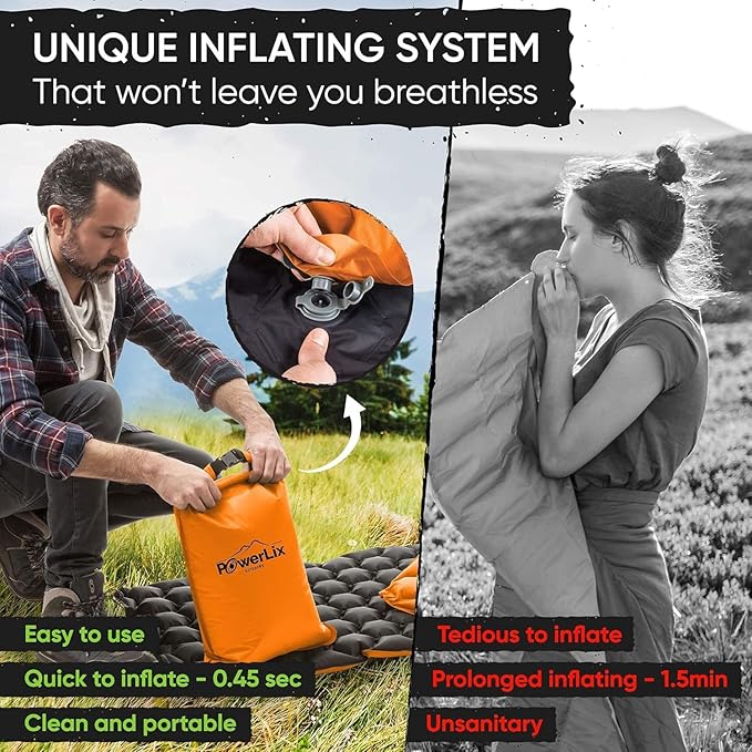 POWERLIX Ultralight Inflatable Camping Sleeping Pad - Camping Mattress for Backpacking, Hiking, Compact Lightweight Sleeping Mat for Camping, Inflation Bag/Repair Kit Included