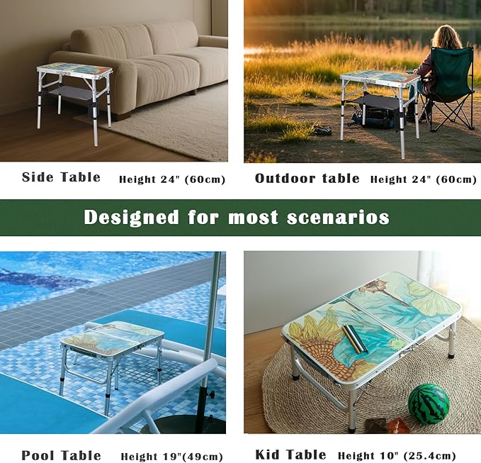 Small Folding Camping Table, 2ft Portable Picnic Table Aluminum 24" x 16" Folding Table, 3 Adjustable Heights Portable Lightweight Table Dining Table for RV, Picnic, Beach (Sunflower)