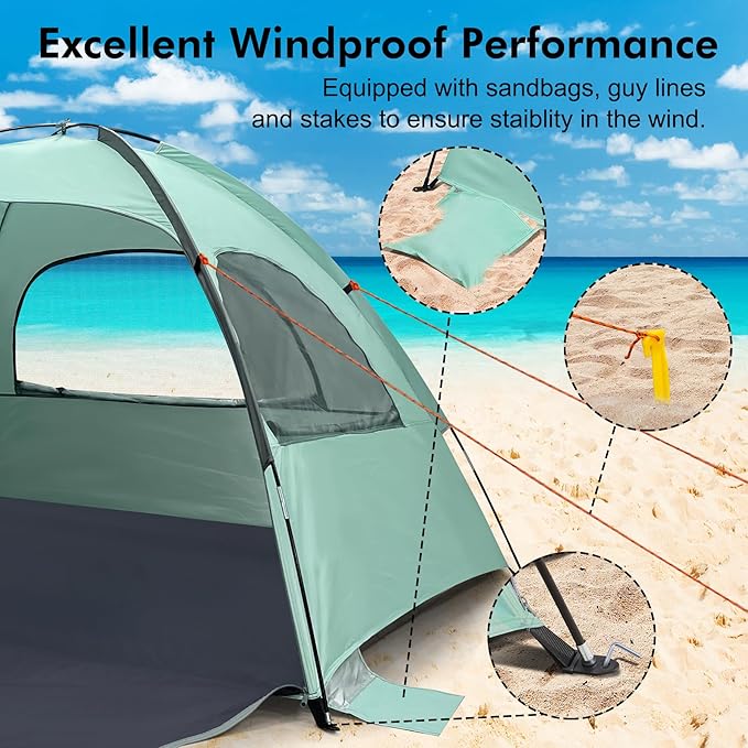 WhiteFang Beach Tent Anti-UV Portable Sun Shade Shelter for 3/4/6/8 Person, Extendable Floor with 3 Ventilating Mesh Windows Plus Carrying Bag, Stakes and Guy Lines