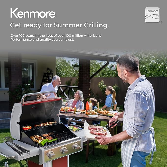 Kenmore 3-Burner Outdoor BBQ Grill | Liquid Propane Barbecue Gas Grill with Folding Sides, PG-A4030400LD-RD, Pedestal Grill with Wheels, 30000 BTU, Red