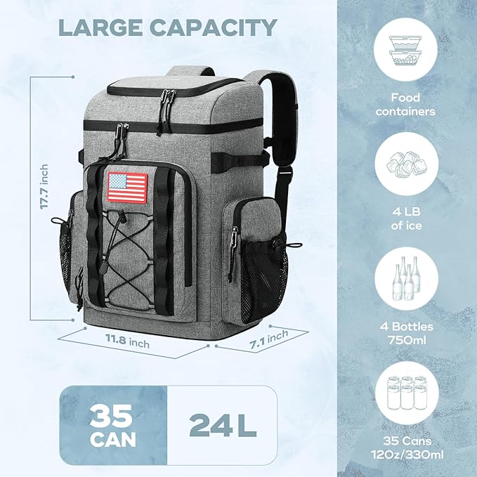 Maelstrom Backpack Cooler,Soft Lightweight Leakproof Cooler Backpack,35 Can Insulated Cooler Bag,Keeps 35 Cans Hot/Cold for Up to 16 Hours,Waterproof Lunch Backpack for Men Women-Grey