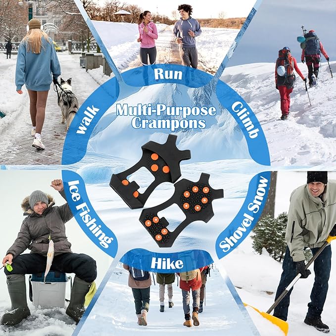 Anti Slip Ice Cleats, Ice Snow Traction Cleats for Walking on Snow and Ice, 10 Steel Studs Crampons, Ice Snow Grips with Extra 20 Replacement Studs for Shoes and Boots
