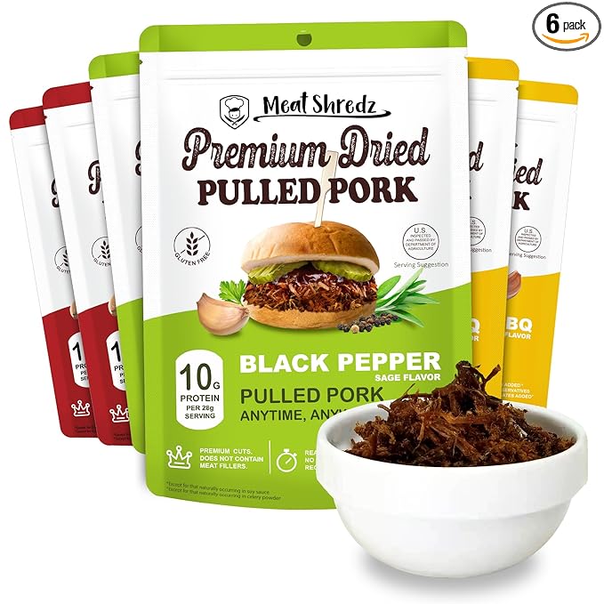 Meat Shredz - Premium Dried Pulled Pork (Variety, 6 Pack) | Gluten Free | High Protein & Low Sugar | Bacon Bits | Dehydrated Backpacking & Camping Food | Shredded, Dried Jerky Chew Snack