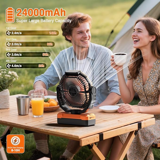 FRIZCOL 3-in-1 Camping Fan - Portable Fans Rechargeable - 24000mAh Battery Powered Fan(140Hrs) with Light & Remote for Indoor, Outdoor, Tent, Travel, BBQ, Fishing, Jobsite - Orange