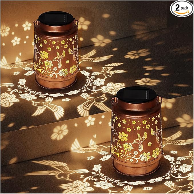 2 Pack Solar Lanterns Outdoor Waterproof Hummingbird Garden Decor Birthday Gifts for Women Mom Grandma Hanging Solar Lights Metal Solar Decoration Outside for Yard,Patio,Backyard,Porch