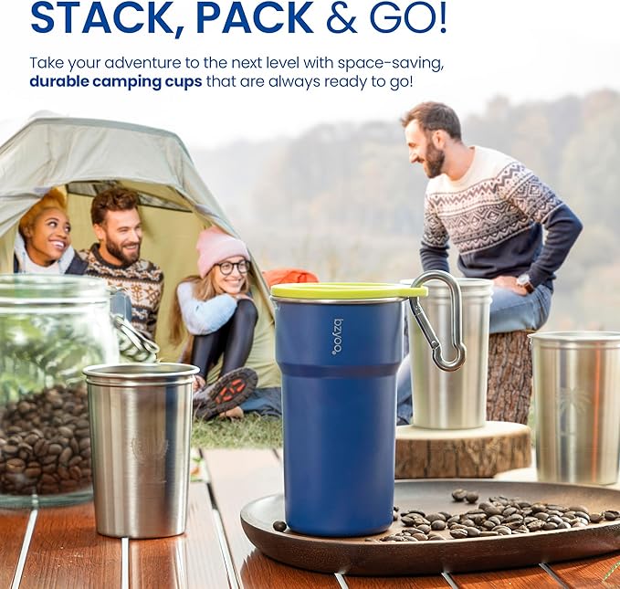 bzyoo Nesting Stainless Steel Camping Cup Set with Hook – 5-in-1 Stackable Durable 9oz Campstack Cup Set for Hiking, Backpacking & Outdoor Adventures (Blue)