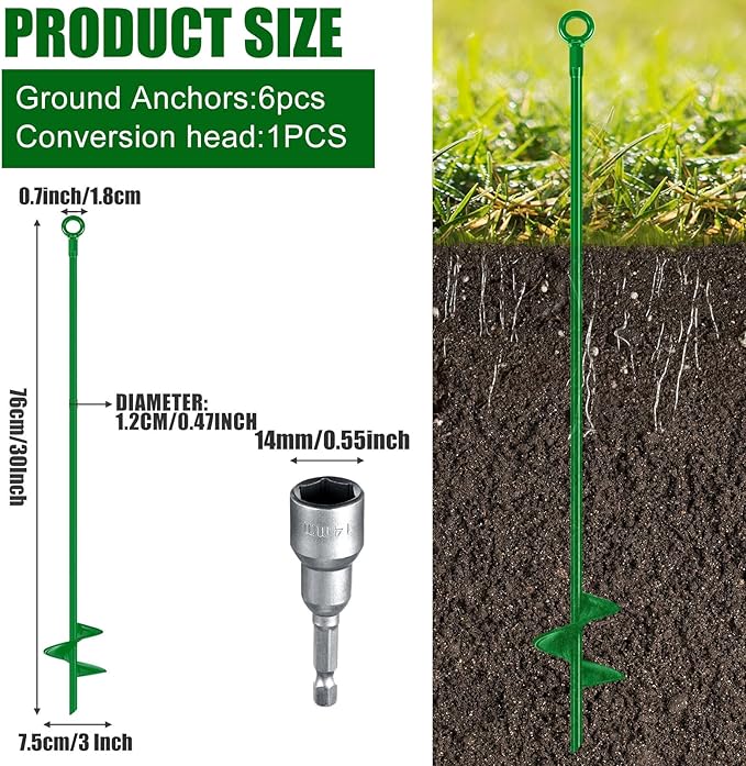 Lasnten 6 Pcs 30 Inch Heavy Duty Ground Anchor Spiral Blade Earth Anchor Kit Metal Anchor Hook Beach Sand Stakes Camping for Securing Animals, Shelters, Tents, Canopies (Green)