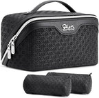 BOYATU Travel Makeup Bag Cosmetic Bags for Women: Large Capacity 3 Pcs Set Make up Bag with Compartments - Waterproof Vegan Leather Toiletry Organizer Bags with Handle (M-71Black)