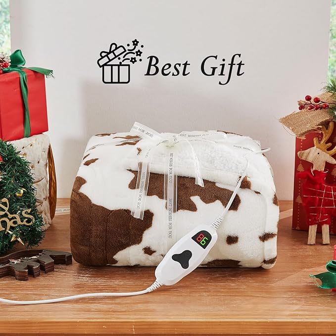 Cow Print Electric Heated Blanket Queen Size,84X90 Brown Heating Blanket Queen With Dual Control&Timer&10 Heat Levels,Highland Cow Decor Fleece Sherpa Blankets Warmer Gifts for Bed Women Adults,ETL