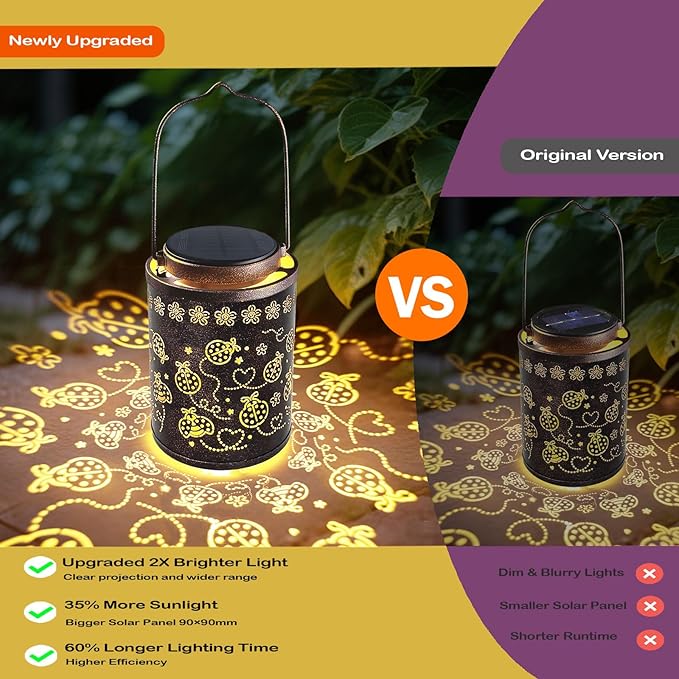 Upgraded Ladybug Solar Lights for Outside Garden Decor, Waterproof Hanging Metal Lanterns Outdoor Solar Lights for Yard, Patio, Porch, Fence - Birthday Gifts for Women, Mom, Grandma