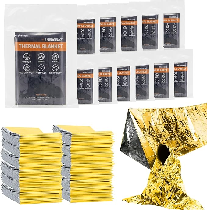 12-Pack Emergency Mylar Thermal Blankets, 82"x62" Space Blankets Foil Blanket, XL Camping Blanket for Outdoors, Hiking, Survival kit, Bug Out Bag，Marathons or First Aid, Golden