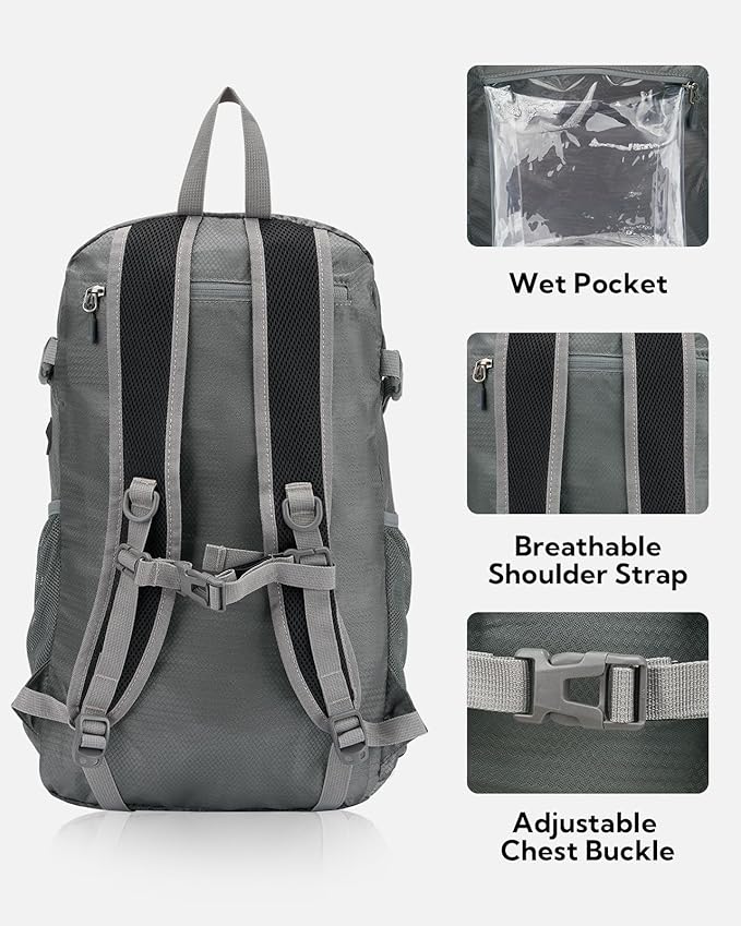 WATERFLY Lightweight Packable Hiking Backpack: 30L Foldable Travel Daypack Ultralight Camping Day Pack for Woman Man Grey