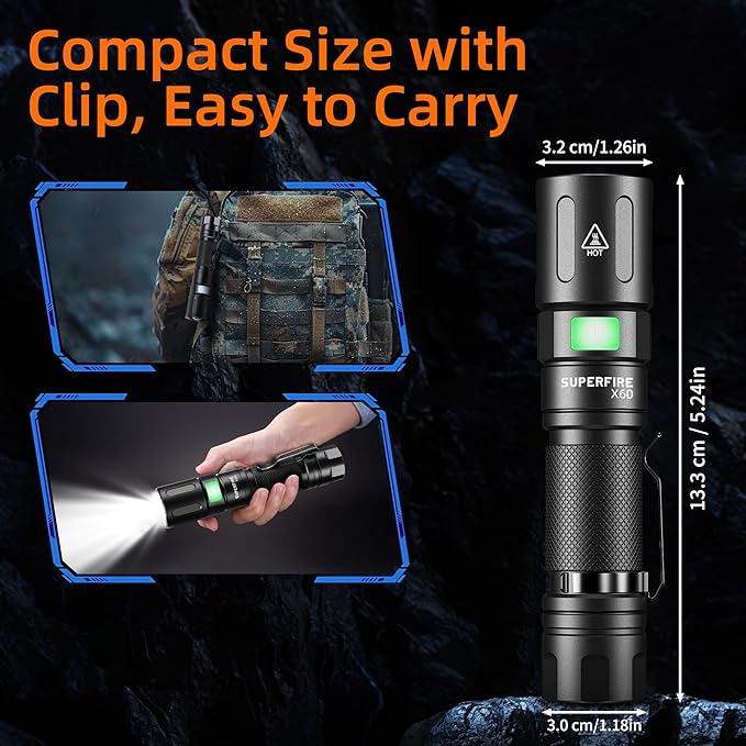 SuperFire 1000-Lumen Tactical Flashlight - Rechargeable, Zoomable LED Flashlight with 5 Modes, Pocket-Sized (2-Pack) for Camping & Emergency