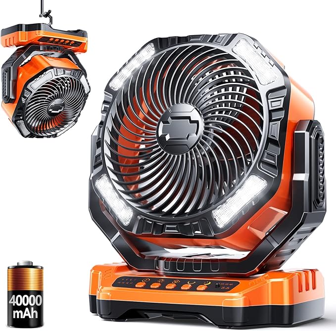 Camping LED Fan with Light, 40000mAh Rechargeable Battery Powered Outdoor Tent Fan with Light and Hook, 4 Speed, Personal USB Desk Fan for Camping, Fishing, Power Outage,Hurricane, Worksite