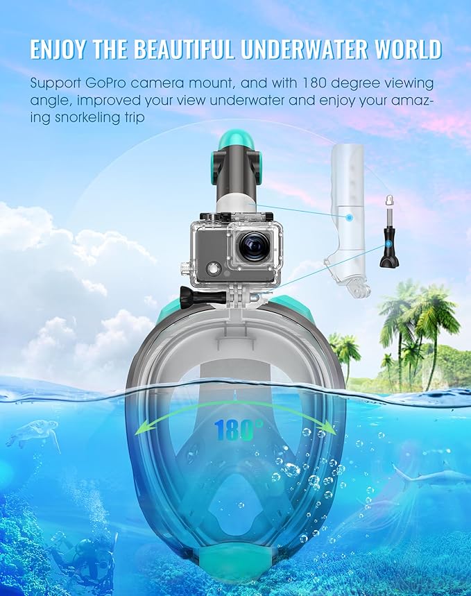 Greatever G2 Full Face Snorkel Mask with Latest Dry Top System,Foldable 180 Degree Panoramic View Snorkeling Mask with Camera Mount,Safe Breathing,Anti-Leak&Anti-Fog