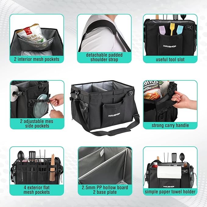 HAUSHOF Large Grill and Picnic Caddy with Paper Towel Holder, Condiment Pocket, Foldable BBQ Organizer Easy Carry Griddle Caddy for Camping, RV, Outdoor Waterproof Oxford Cloth (Black)