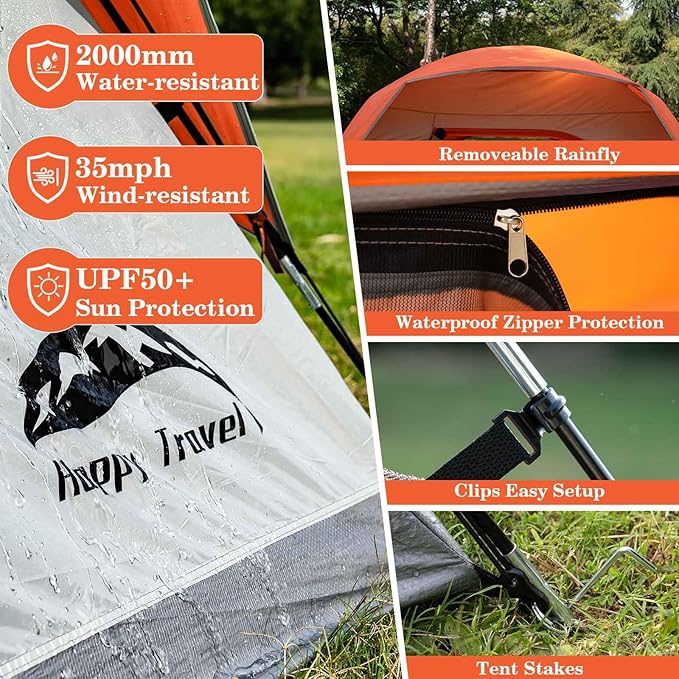 Happy Travel Camping Tent, 4/6 Person Dome Tents for Camping with Rainfly, Waterproof Clip Easy Setup Portable Family Tent with Mesh Windows, 20% More Headroom Backpacking Tents for Camping & Hiking