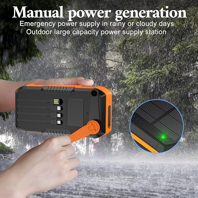 Solar Charger Power Bank 66800mAh Built in Hand Crank and 4 Cables, 22.5W Fast Charging PowerBank 6 Outputs & 4 Inputs, Portable Charger with Camping Flashlights & Compass for Outdoor (Orange)