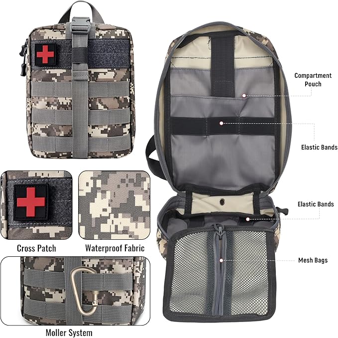 Survival First Aid Kit, MOLLE Medical Pouch Tactical First Aid Kit for Home, Car, Hiking, Travel, Camping, Grey
