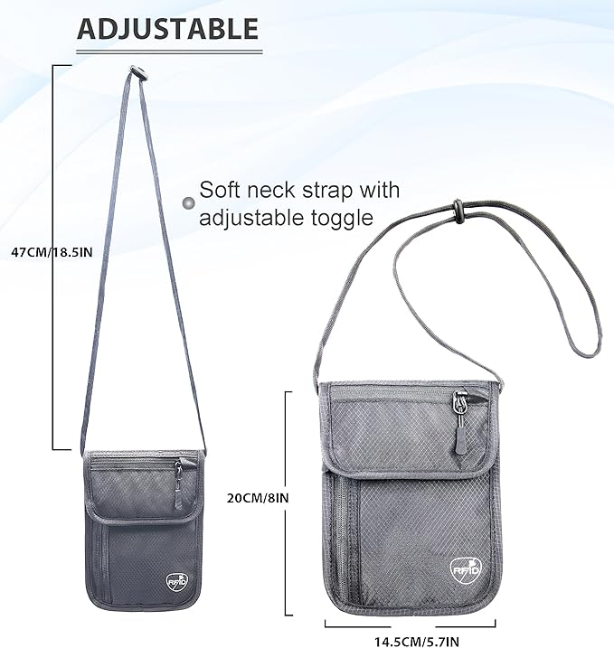 SUPACOOL Neck Wallet, RFID Blocking Passport Holder, Travel Pouch, Hidden Neck Pouch for Travel(Grey)
