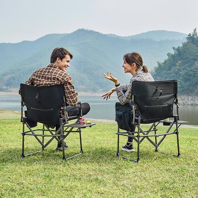 EVER ADVANCED Camping Directors' Chair with Side Table, Portable Folding with Compact Size, Heavy Duty Lawn Chair with Pocket for Camping, Lawn, Sports and Fishing, 400lbs, Black 2 Pack