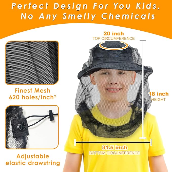 Premium Kids Mosquito Head Net for Insect, 2 Pack, Fly & Bug Protection | Ultra Large & Long, Extra Fine Holes for Camping, Hiking, Fishing, Safari, Fits All Hats for 5-12 yrs Children