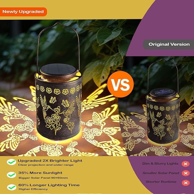 Upgraded Solar Hummingbird Lights for Outside Garden Decor Gifts for Women Mom Grandma, Metal Hanging Solar Lanterns Outdoor Waterproof with Copper Finish Lantern for Patio, Yard, Porch, Pathway