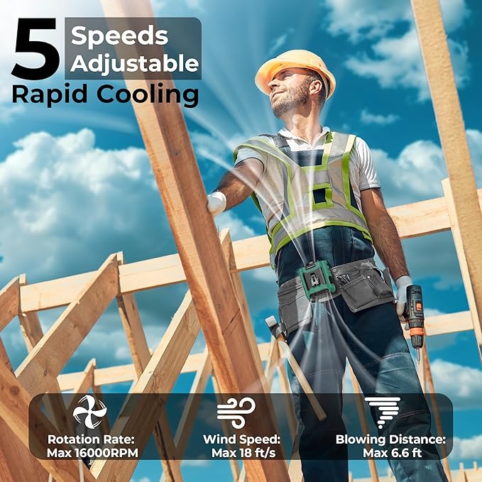 10000mAh Portable Waist Clip Fan - 40H Cooling Personal Wearable Fan,5 Speeds 16000RPM Strong Belt Fan,Rechargeable Hands-free Neck Fan With Flashlight for Outdoor Jobsite Camping Traveling