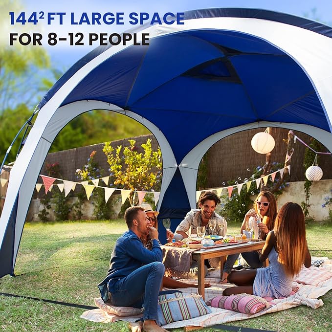 Large Beach Canopy Tent UPF 50+ 12x12 ft Waterproof & Rainproof Dome Sun Shelter for 8-10 Person with 2 Side Walls, Perfect for Camping, Backyard, Fishing, Parties, Picnics