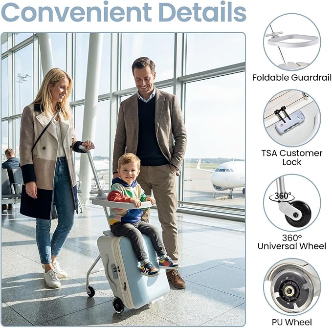 Kids Ride On Suitcase 20” Ride On Luggage with Expandable Zipper & Wheel Brake Ergonomic Seat & 110 Lbs Weight Capacity for Kids 3+ Blue
