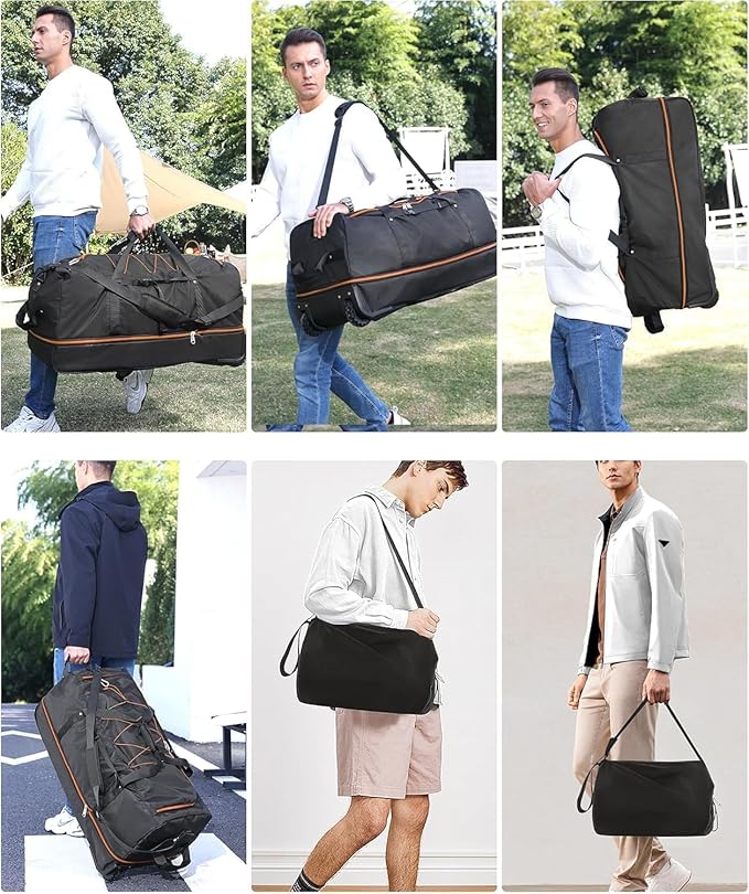 Rolling Duffle Bag with Wheels,110L/140L Expandable Soft-Sided Foldable Duffle Bag with 2 Rubber Wheels,Packable 32” Rolling Carry-On with Multi-Pockets & Compartments (Black orange)