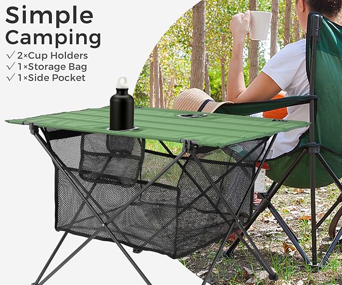 Lightweight Portable Fabric Camping Picnic Table - Collapsible Beach Table with 2 Cup Holders, Folding Canvas Outdoor Lawn Table - Easy Carry & Large Capacity Storage, 29.2"W x 21.7"D (Green)