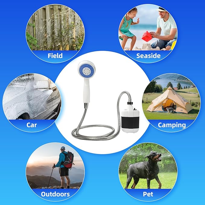 Portable Camping Shower Pump - Rechargeable Outdoor Shower Head Sprayer, Pumps Water from Bucket. Experience Refreshment Anywhere, Perfect for Camping, Hiking, Travel, Car Washing & Pet Cleaning