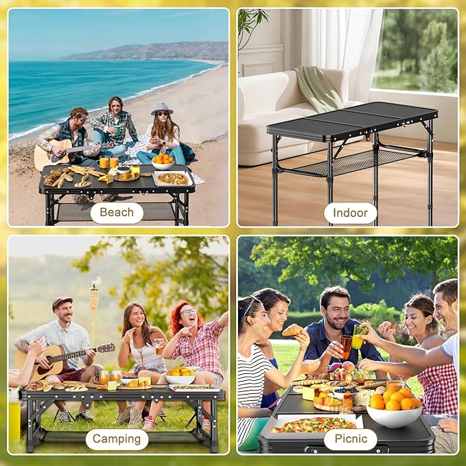 Folding Camping Table, 3 FT Folding Portable Camping Table, Outdoor&Indoor Picnic Table with 3 Adjustable Height Max 27.1",Lightweight Aluminum Camping Tables, Car Camping Essentials-Pure Black