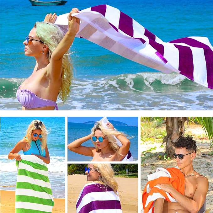 Exclusivo Mezcla 4 Pack Cotton Large 30x60 Inches Soft Cabana Stripe Thick Beach Towel, Super Absorbent Travel Bath Pool Towel (Purple)