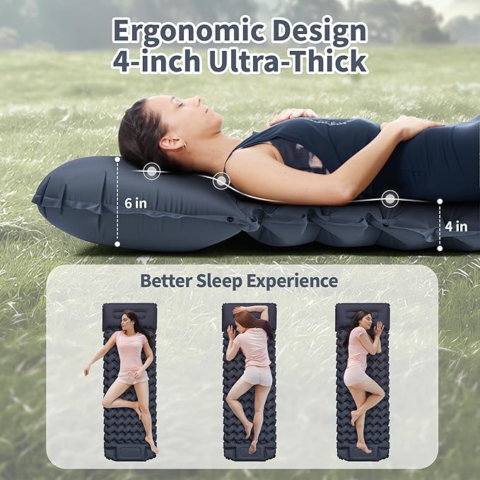 Sleeping Pad for Camping - 4” Thick Inflatable Camping Mat with Built-in Pump & Pillow, Ultralight Self Inflating Camping pad, Backpacking Sleeping Mat for Hiking, Tent, Traveling