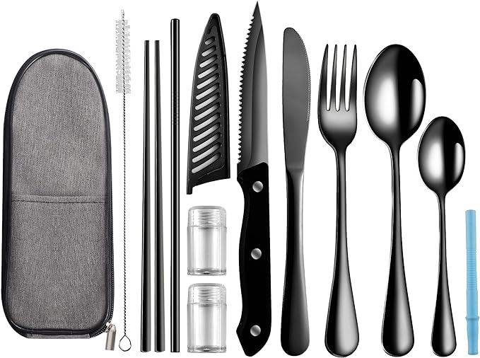 Travel Utensils with Case,Reusable Utensils,Portable Travel Camping Cutlery Set,Stainless Steel Flatware Set,Lunch Boxes Workplace Camping School Picnic (Black)