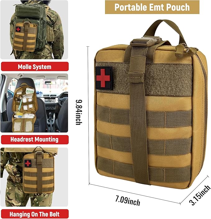 Survival First Aid Kit, MOLLE Medical Pouch Tactical First Aid Kit for Home, Car, Hiking, Travel, Camping, Khaki