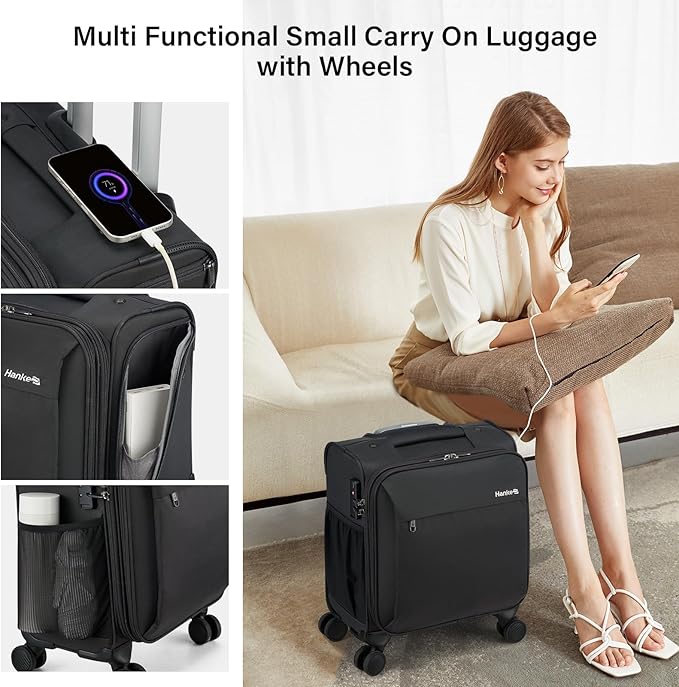 Hanke 16 Inch Underseat Carry On Luggage with Wheels Small Suitcase Softside Luggage Bags for Travel Lightweight Suitcases with Wheels Travel Luggage Personal Item for Men and Women(Dark Gray)