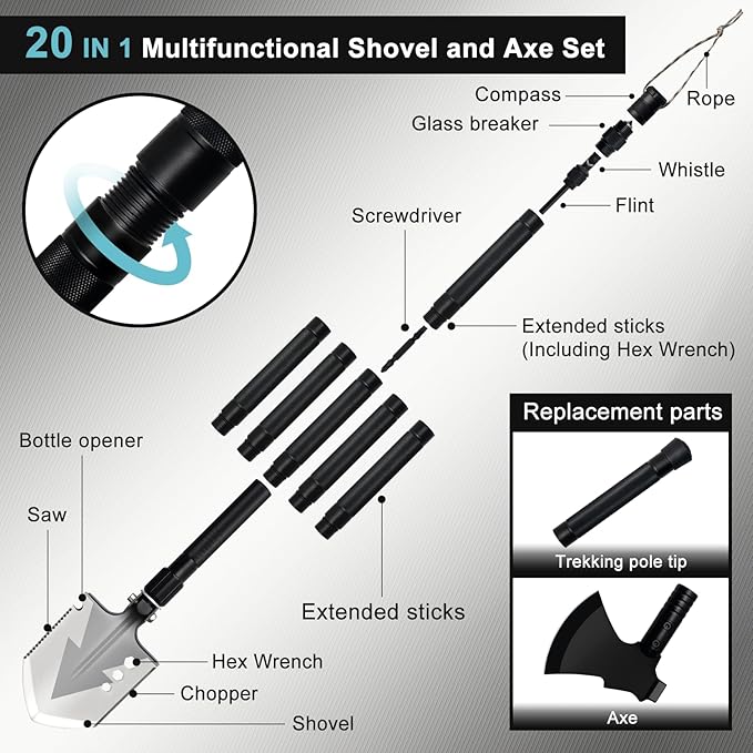 GOJAWAY 20 in 1 Multitool Survival kit, Camping Shovel Military Axe, 55" Trekking Pole Foldable Spade with Portable Bag and Hatchet, for Car Emergency Offroad Entrenching Tool