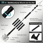 GOJAWAY 20 in 1 Multitool Survival kit, Camping Shovel Military Axe, 55" Trekking Pole Foldable Spade with Portable Bag and Hatchet, for Car Emergency Offroad Entrenching Tool