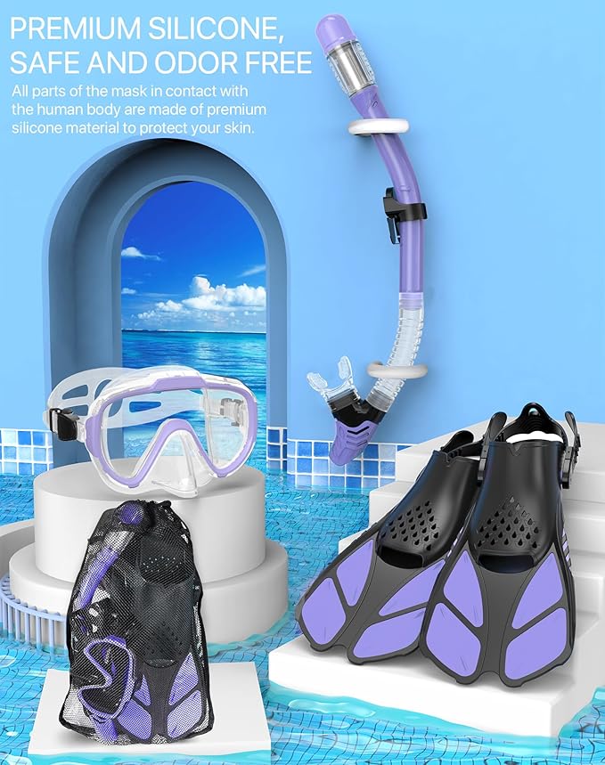 Snorkeling Gear for Adults Men Women,4 in 1 Snorkel Set with Panoramic View Diving Mask Anti-Fog Anti-Leak,Dry Top Snorkel,Fins and Travel Bag for Swimming,Snorkeling and Travel Diving