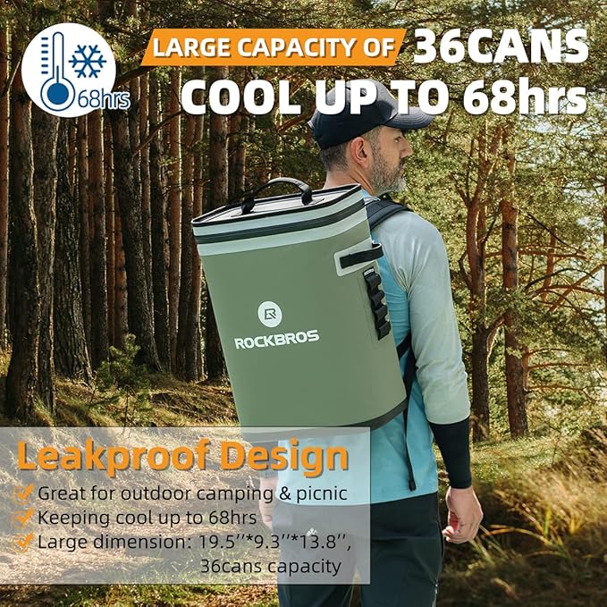 ROCKBROS Backpack Cooler Leak-Proof Soft Sided Cooler Waterproof Insulated Backpack Cooler Bag 36 Can Soft Cooler for Camping Fishing Party Outdoor Adventure Picnic