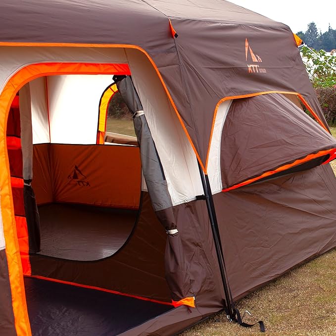 KTT Large Family Cabin Tent 10-12 Person,14.1X10X6.58ft,2 Rooms,3 Storage Pockets,2 Bay-Windows 3 Doors and 3 Windows with Mesh,Straight Wall,Waterproof,Double Layer,Big Tent for Outdoor,Camping